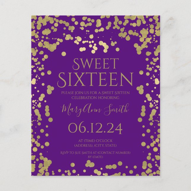 Budget Gold Foil Confetti Sweet 16. Einladung Lila Flyer (Vorne)