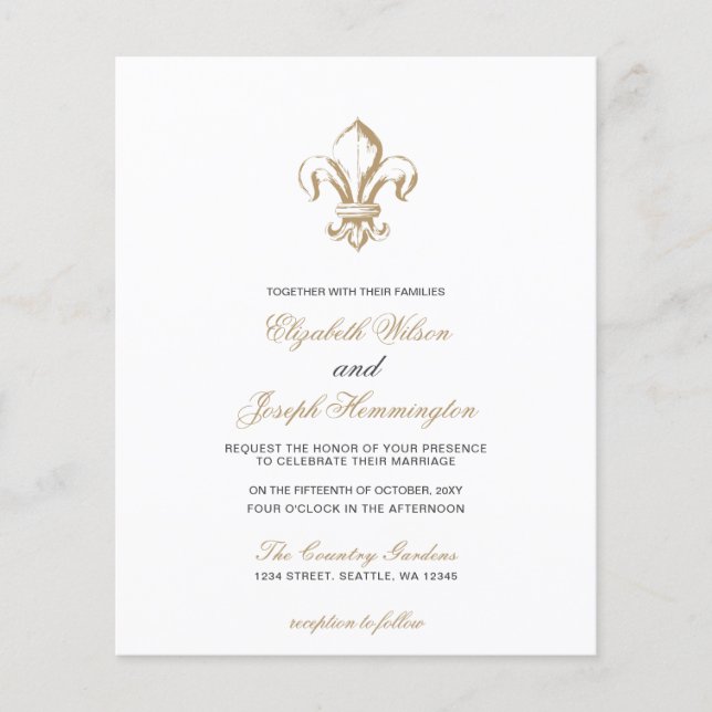 Budget Gold Französische Lilie Einladung Hochzeit (Vorderseite)