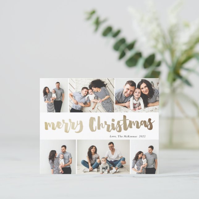 Budget Gold Frohe Weihnachten 6 Foto Urlaubskarte (Stehend Vorderseite)