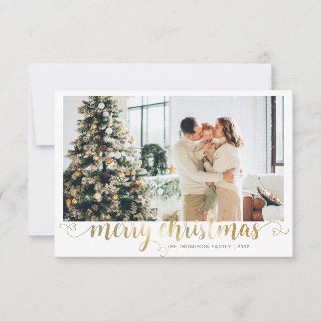 BUDGET Gold Frohe Weihnachts-Herz-Script-Foto Mitteilungskarte (Vorderseite)