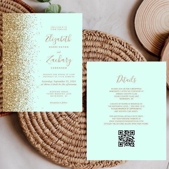 Budget Gold Glitter Mint Green QR Code Wedding (Von Creator hochgeladen)