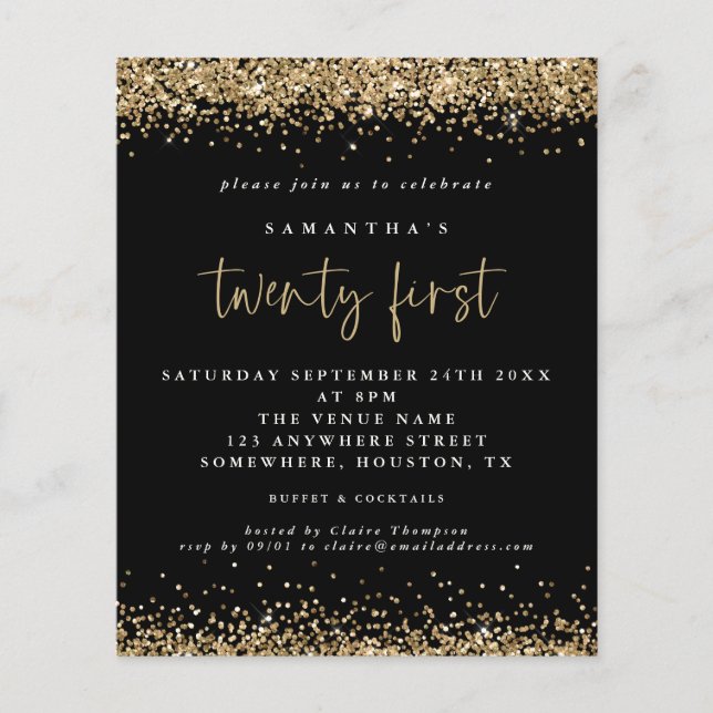Budget Gold Glitzer 21. Schwarze Party Einladung (Vorderseite)