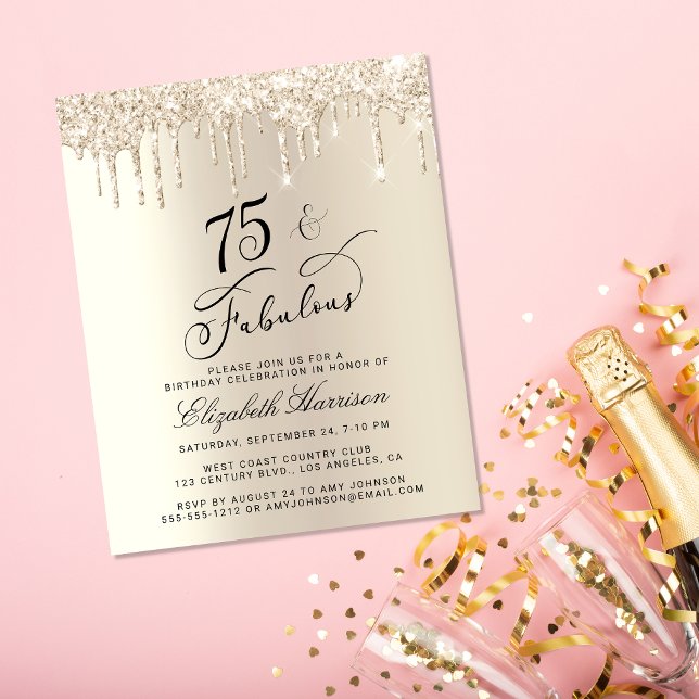 Budget Gold Glitzer 75. Geburtstag Einladung (Celebrate her 75 years of sparkle with an elegant gold glitter birthday party invitation  🎉 🎂 🥂)