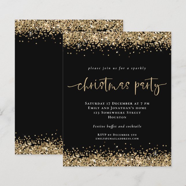 Budget Gold Glitzer Black Christmas Party Einladun (Vorne/Hinten)