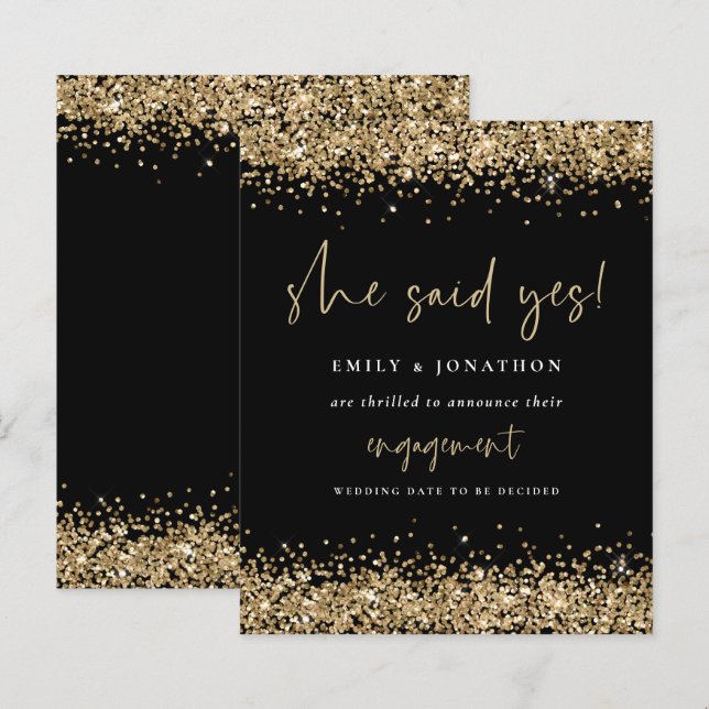 Budget Gold Glitzer Black Sie sagte ja Verlobung (Vorne/Hinten)