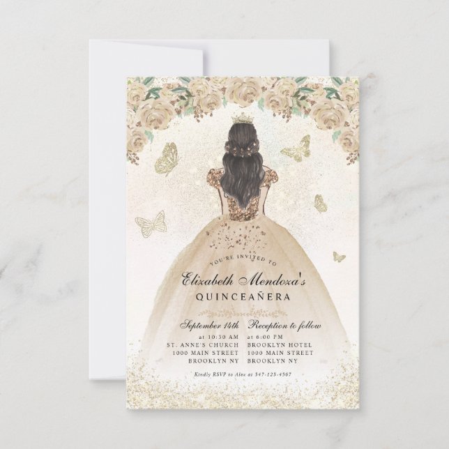 Budget Gold Glitzer Bloral Princess Quinceañera Mitteilungskarte (Vorderseite)