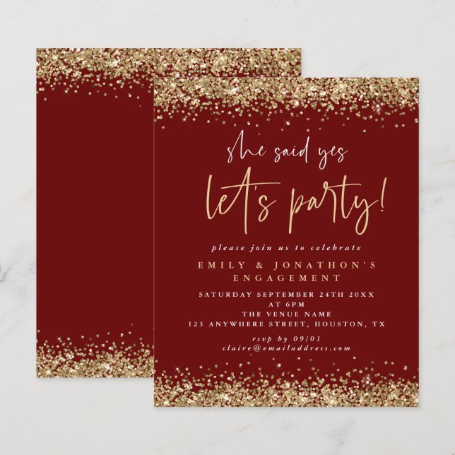 Budget Gold Glitzer Burgundy Verlobung Einladung (Vorne/Hinten)