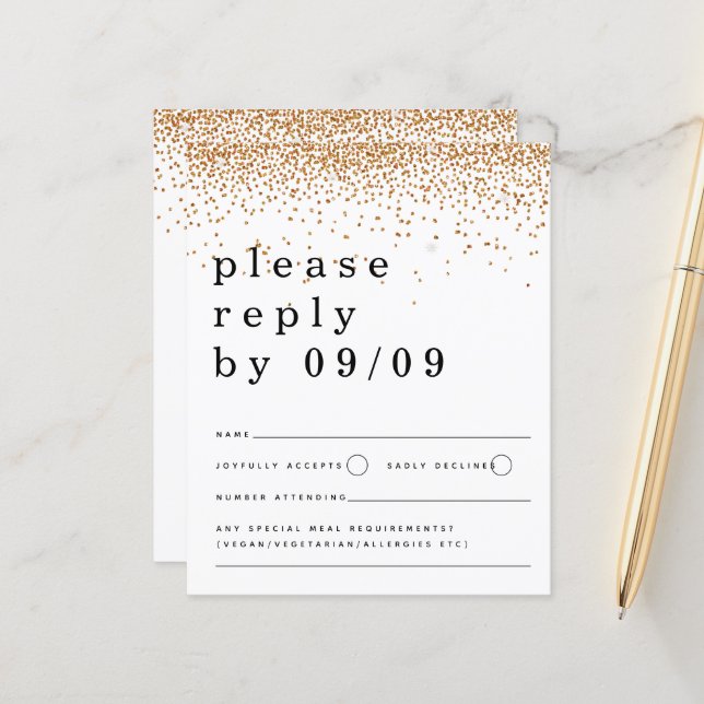 Budget Gold Glitzer Confetti Script Wedding RSVP (Vorderseite/Rückseite Beispiel)
