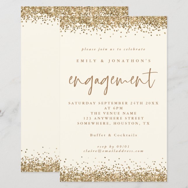 Budget Gold Glitzer Creme Verlobung Einladung (Vorne/Hinten)