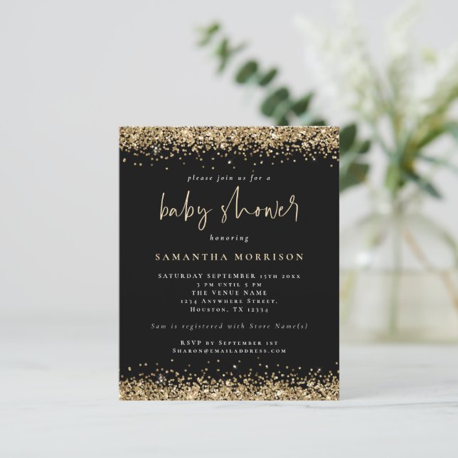Budget Gold Glitzer Girl Boy Babydusche schwarz (Stehend Vorderseite)