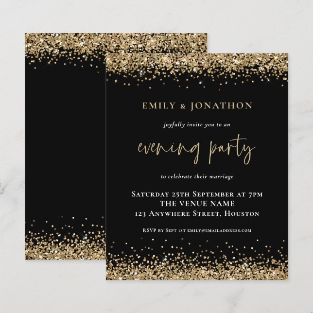 BUDGET Gold Glitzer Hochzeit Abend Black Einladung (Vorne/Hinten)