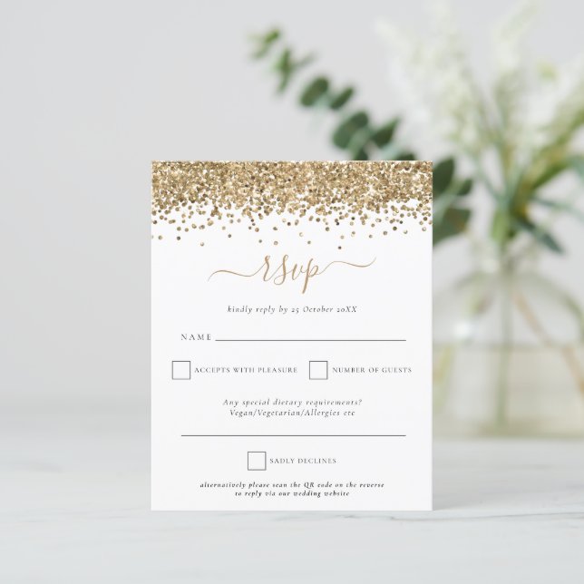 Budget Gold Glitzer QR Code Wedding RSVP (Stehend Vorderseite)