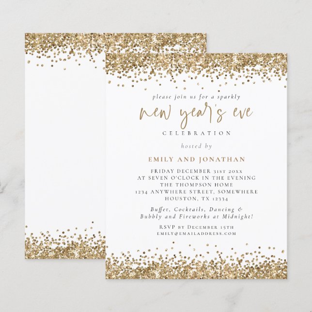 Budget Gold Glitzer Script Silvester Einladung (Vorne/Hinten)