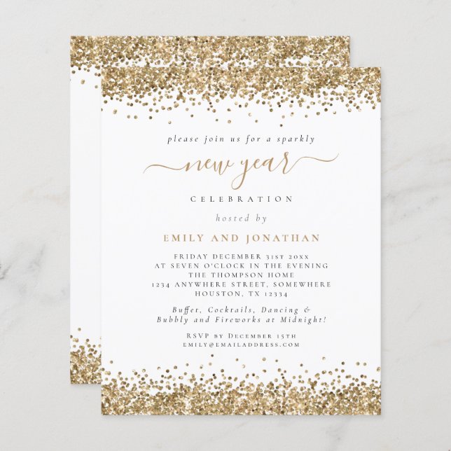Budget Gold Glitzer Script Silvester Party (Vorne/Hinten)