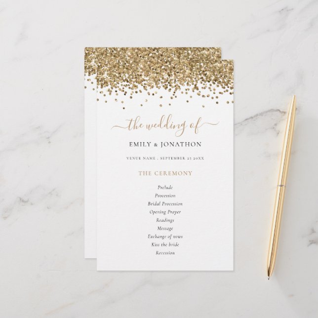 Budget Gold Glitzer Script Wedding Programm (Vorderseite/Rückseite Beispiel)