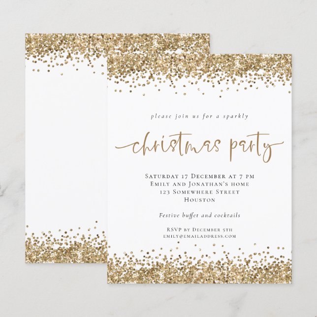 Budget Gold Glitzer Script Weihnachts-Party Einlad (Vorne/Hinten)