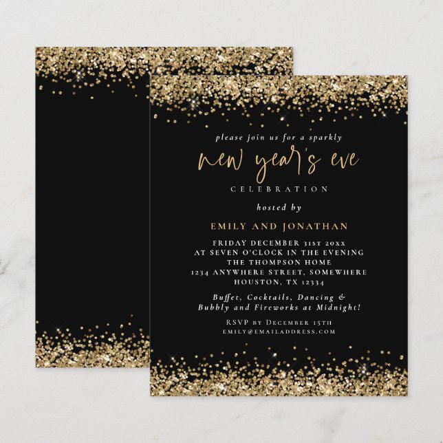 Budget Gold Glitzer Silvester Black Einladung (Vorne/Hinten)