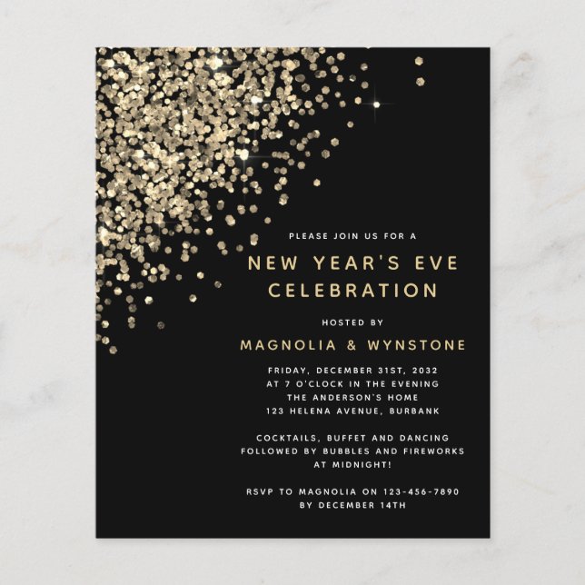 BUDGET Gold Glitzer Silvester Einladung (Vorderseite)