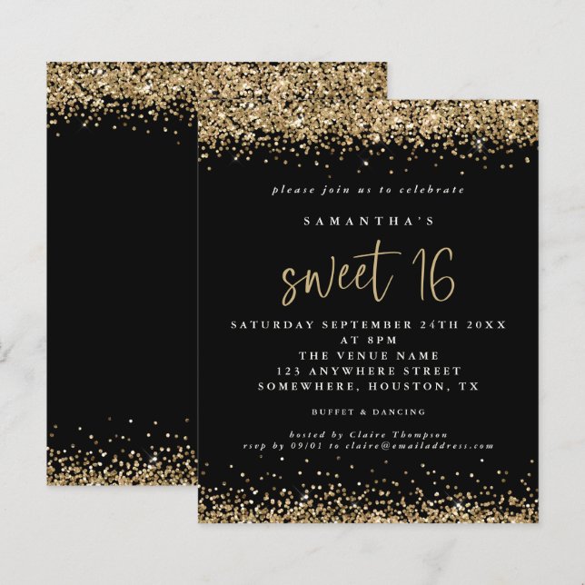 Budget Gold Glitzer Sweet 16 Black Birthday (Vorne/Hinten)