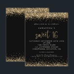 Budget Gold Glitzer Sweet 16 Black Birthday<br><div class="desc">Gold Glitzer Sweet 16 Schwarze Party Einladung. Eine preisgünstige SMALLER 4.5" x 5.6" Alternative. Erhältlich in einem SEMI GLOSS 110lb CARD STOCK oder einem SATIN FINISH 80lb THINNER PAPIERSTOCK. Umschläge sind optional. Elegante goldene Imitate Glitzer Konfetti Ränder sind oben und unten und auch auf der Rückseite auf einem klassischen schwarzen...</div>