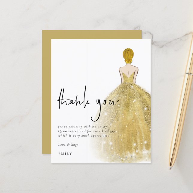 Budget Gold Gown Blonde Girl Quinceañera Dank (Vorderseite/Rückseite Beispiel)
