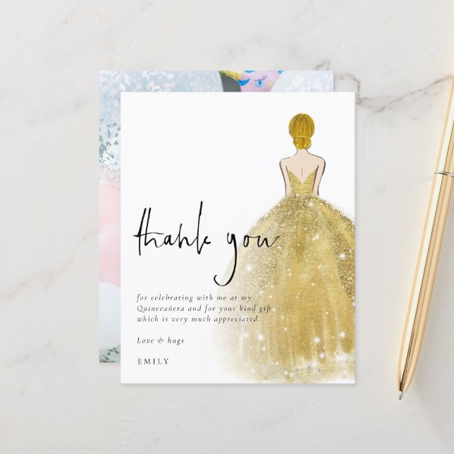 Budget Gold Gown Foto Blonde Quinceañera Dank (Vorderseite/Rückseite Beispiel)