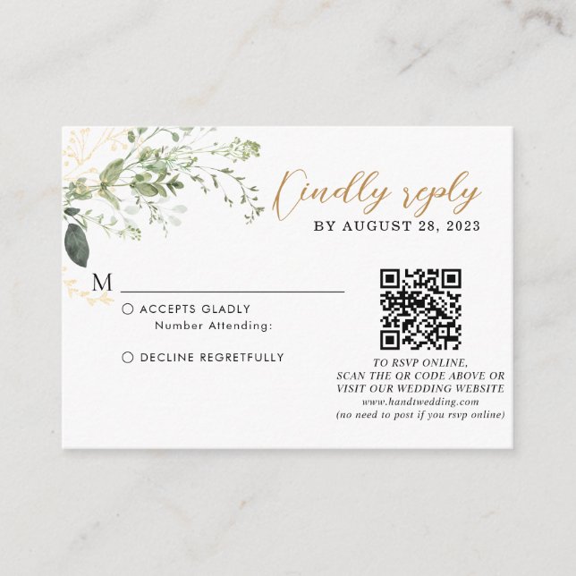 Budget Gold Greenery Eucalyptus QR Code Wedding  Begleitkarte (Vorderseite)