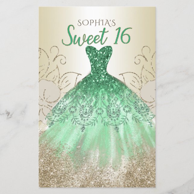 Budget Gold Grünes Kleid Sweet 16 Einladung (Vorderseite)