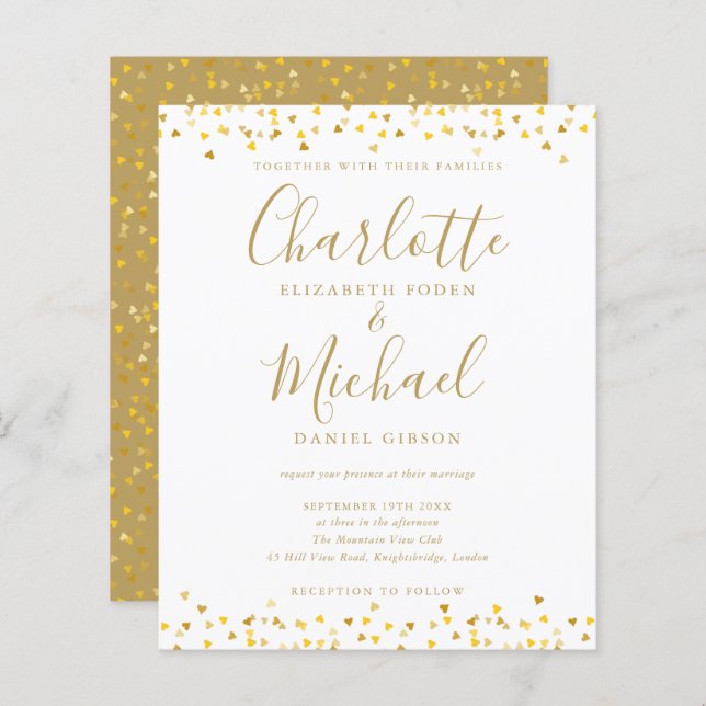 Budget Gold Hearts Confetti Script Wedding Einladu (Vorne/Hinten)