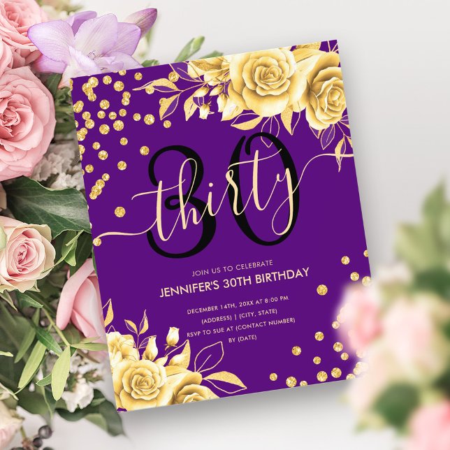 Budget Gold Lila Blumenstrauß Glitzer 30. Geburtst Flyer (Budget Gold Purple Floral Glitter 30th Birthday Flyer)