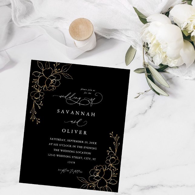 Budget Gold Lined Floral Black Wedding Flyer (Von Creator hochgeladen)