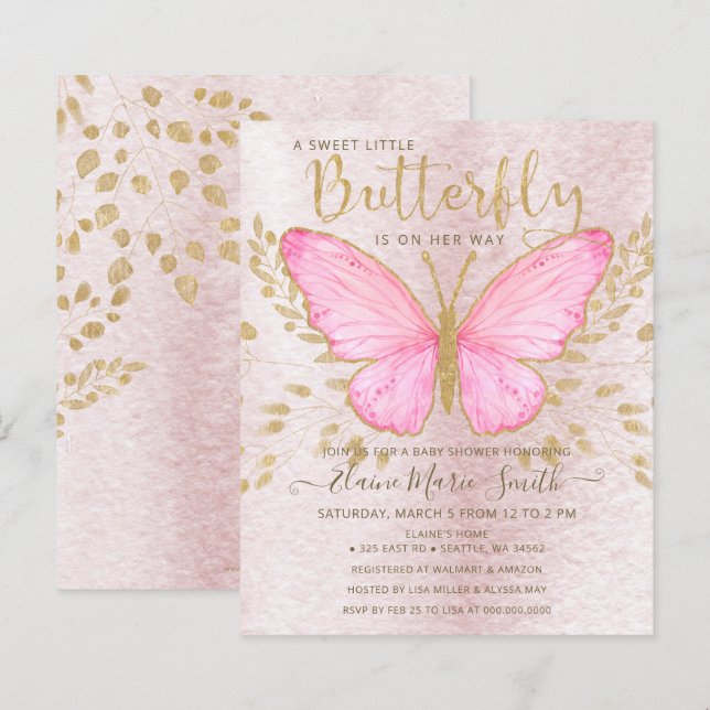 Budget Gold Pink Butterfly Baby Dusche Einladung (Vorne/Hinten)