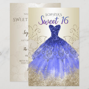 Budget Gold Royal Blue Dress Sweet 16 Einladung