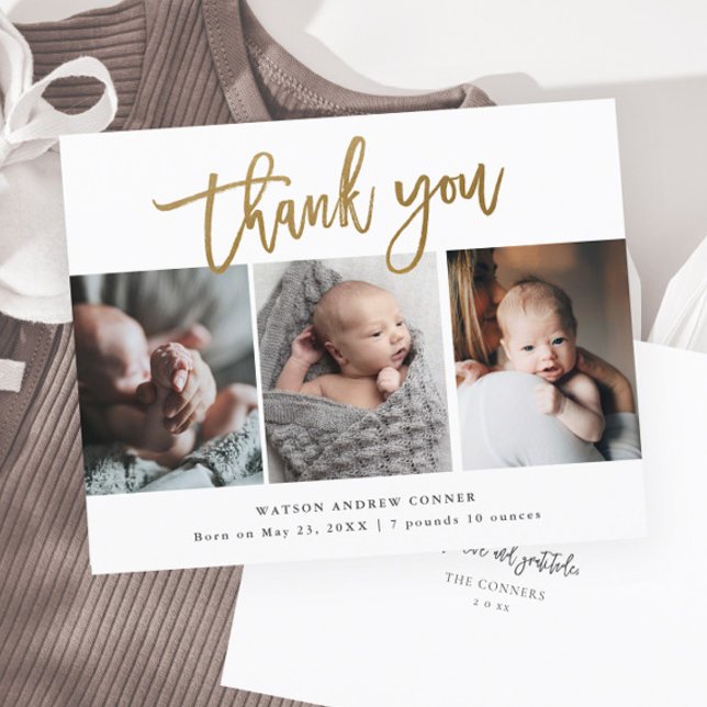 Budget Gold Script 3 Photo Carte de remerciements  (Modern gold script 3 photo baby birth announcement thank you card.)