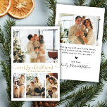 Budget Gold Script 4 Foto Collage Weihnachtskarte<br><div class="desc">Budget Minimalistisch Elegant Moderne Goldkalligraphie 4 Foto Collage Frohe Weihnachts Script Holiday Card. Dieses festliche, einfache vier (4) Foto-Urlaubskartenschablone zeigt eine hübsche Foto-Collage und sagt "Frohe Weihnachten"! Der "Frohe Weihnachten"-Grußtext ist in einer schönen Hand geschrieben, Wirble whimsical Swash-Schwanz-Schriftart-Typ in Gold auf weißem Hintergrund. Auf der Rückseite mit einer Grußbotschaft mit...</div>