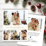 Budget Gold Script 4 Foto Collage Weihnachtskarte<br><div class="desc">Budget Minimalistisch Elegant Gold Calligraphie 4 Foto Collage Frohe Weihnachts Script Holiday Card. Dieses festliche, einfache vier (4) Foto-Urlaubskartenschablone zeigt eine hübsche Foto-Collage und sagt "Frohe Weihnachten"! Der "Frohe Weihnachten"-Grußtext ist in einer schönen Hand geschrieben, Wirble whimsical Swash-Schwanz-Schriftart-Typ in Gold auf weißem Hintergrund. Auf der Rückseite mit einer Grußbotschaft mit...</div>