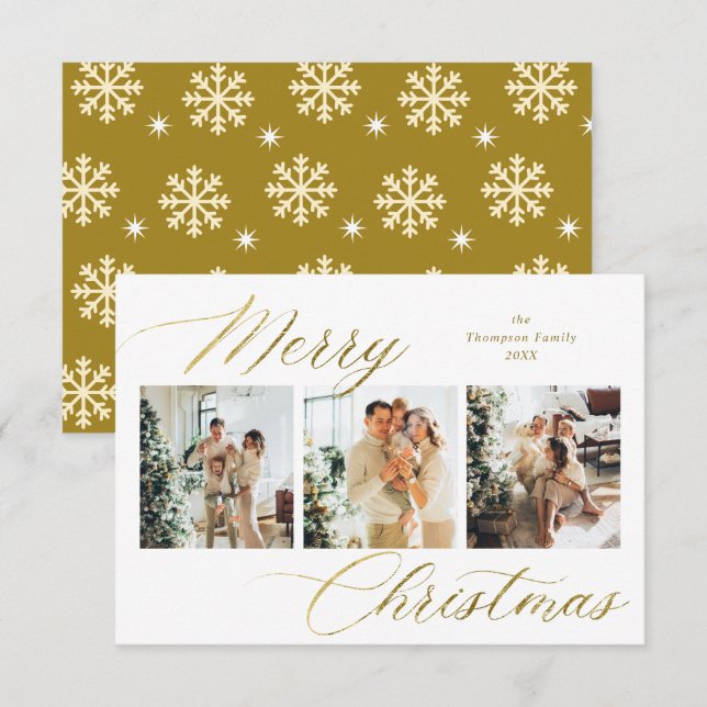 Budget Gold Script Frohe Weihnachts Foto Collage Mitteilungskarte (Vorne/Hinten)