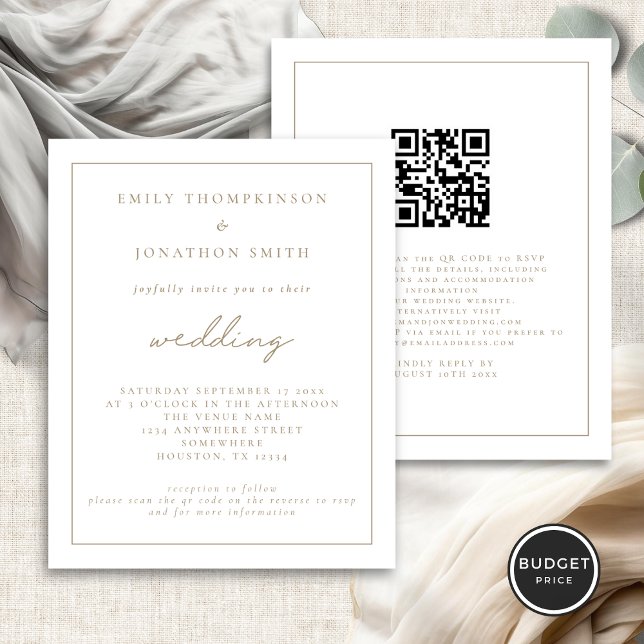 Budget Gold Script QR Code Einladung Hochzeitsfeie (Front and back view)
