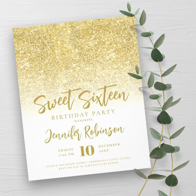 Budget Gold Weißer Glitzer Süß 16 Einladung Flyer (Budget Gold White Glitter Sweet 16 Invite Flyer)