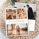 Budget Gold White Collage Hochzeit Danke Karte<br><div class="desc">Budget, Moderne, Elegante, White and Gold Hand Lettered Wedding (3) Three Foto Collage Vielen Dank personalisiert günstigen Low Budget Thin Card. Stilvolle Hochzeit dank Karte Vorlage mit drei Foto auf der Vorderseite und ein Foto auf der Rückseite. Mit dem Text "Liebe und Dank" in einem Wirblen handgeschriebenen Typografie-Skript-Schriftart mit Wimpern...</div>