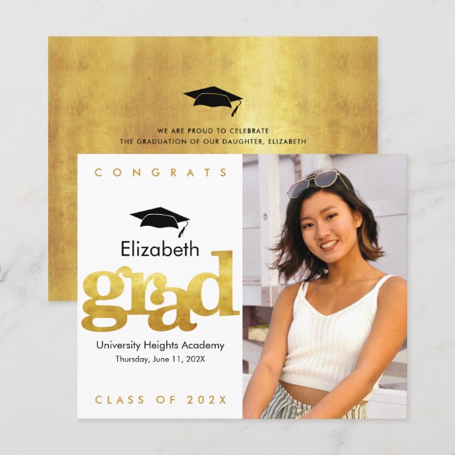 Budget Gold White Foto Cap Abschluss Einladung (Vorne/Hinten)