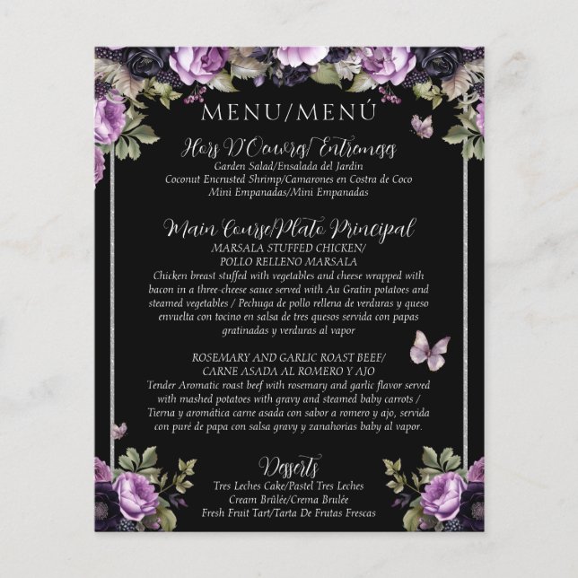 Budget Gothique Floral Bilingue Quinceañera Menu (Devant)
