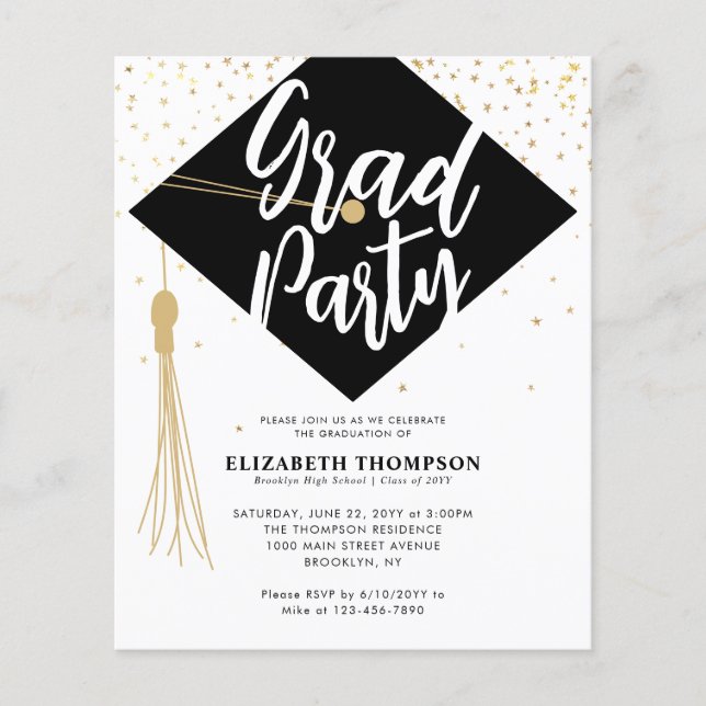Budget GRAD Cap Black Gold Graduation Party Einlad (Vorderseite)