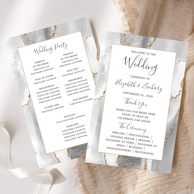 Budget Grau Weiß Gold Achat Hochzeitsprogramm (Von Creator hochgeladen)