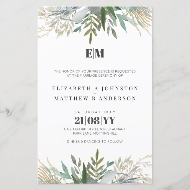 Budget Green Blätter Typografie Wedding Einladunge (Vorderseite)