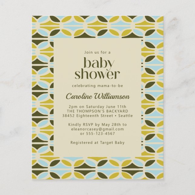 Budget Green Blue Shapes Baby Dusche laden ein (Vorderseite)