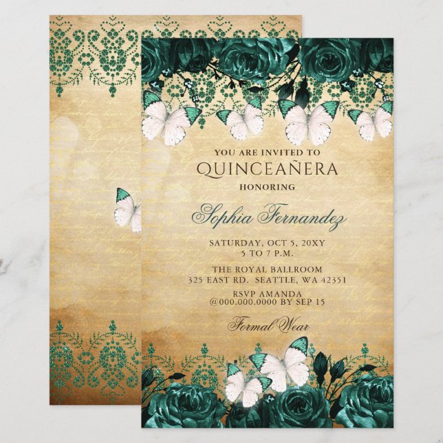 Budget Green Butterfly Quinceañera Einladung (Vorne/Hinten)
