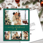 Budget Green Gold 4 Foto Collage Weihnachtskarte<br><div class="desc">Budget Modern Elegante Herzschrift 4 Foto Collage Frohe Weihnachts Script Holiday Thin Card. Notiz: dünner als Postkarte! Dieses festliche Minimum vier (4) Foto Urlaubskarte Vorlage verfügt über eine hübsche Foto Collage, ein kleines doodle Herz und sagt Frohe Weihnachten! Der "Frohe Weihnachten"-Grußtext ist in einem schönen handgeschriebenen Typografie-Swash-Schwanz-Schriftart in Gold auf...</div>