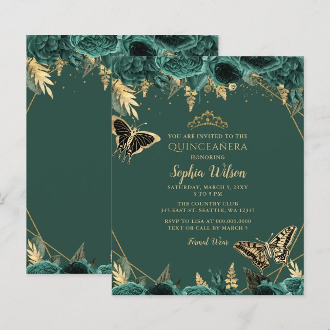 Budget Green Gold Butterfly Quinceañera Einladung (Vorne/Hinten)