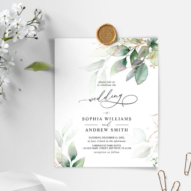 Budget Green & Gold Eukalyptus Wedding Einladung (Von Creator hochgeladen)